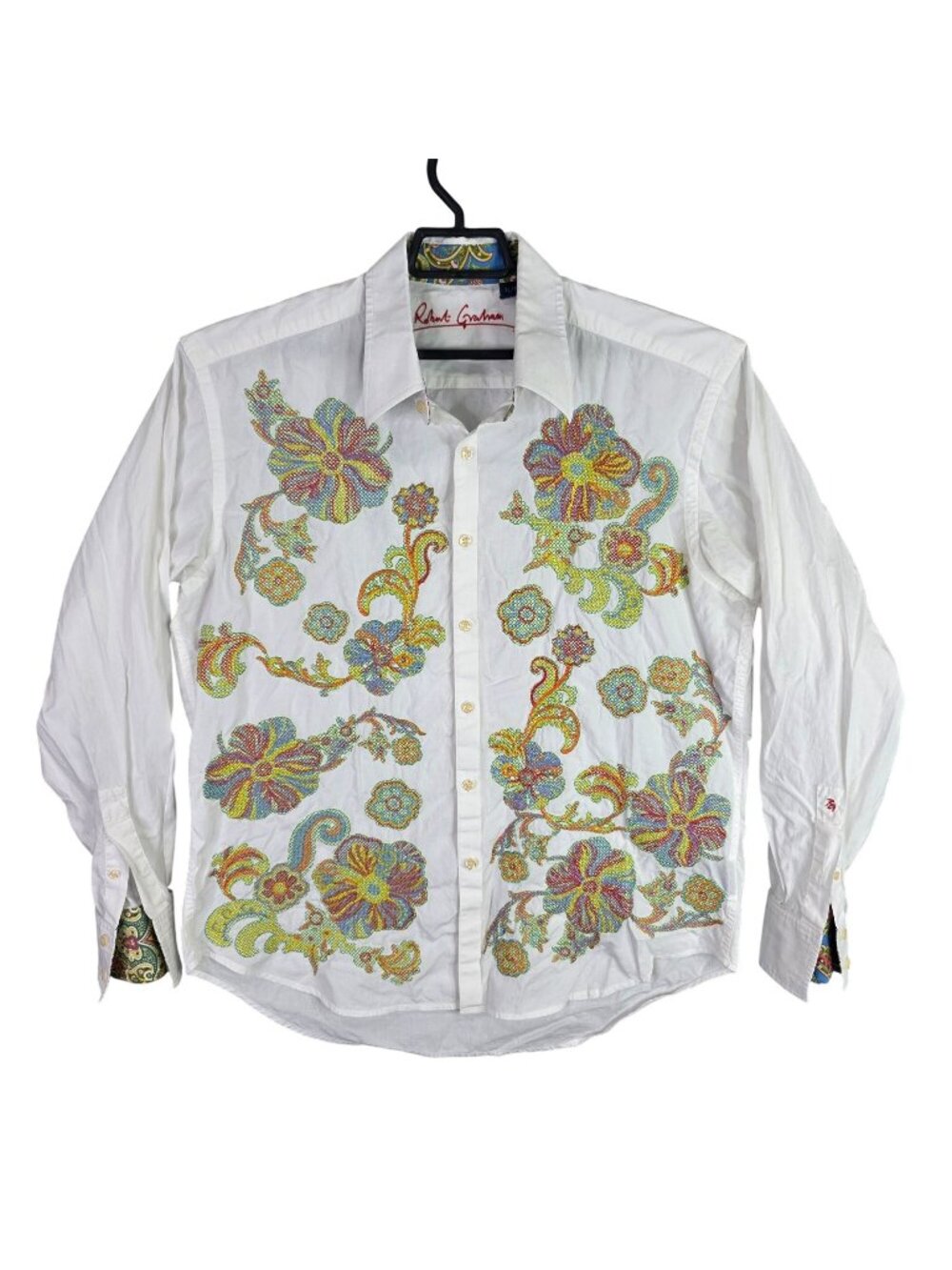 Mens Roberto Graham White Floral Embroidered Button Up Shirt Long Sleeve XL